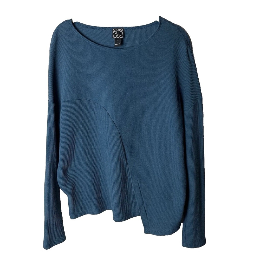 Clara Sunwoo Top Size Small Asymmetric Ribbed Blue Stretch Long Sleeves Cotton